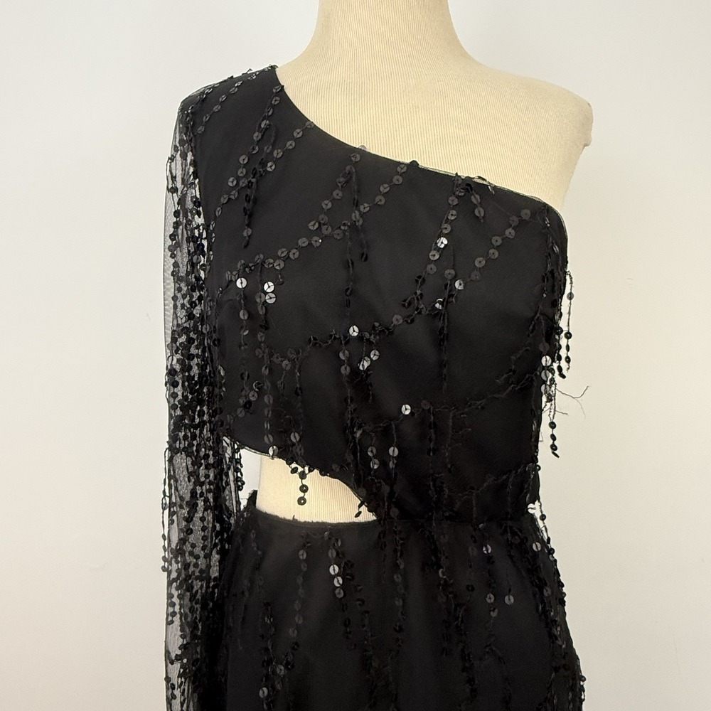 LUCY IN THE SKY Black Sequin One Shoulder Mesh DRESS L HOCO Whimsigoth Vamp Sexy - Picture 12 of 16